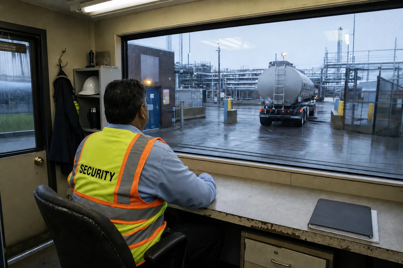 A-AARON guard checking a secured petrochemical perimeter gate in misty morning light