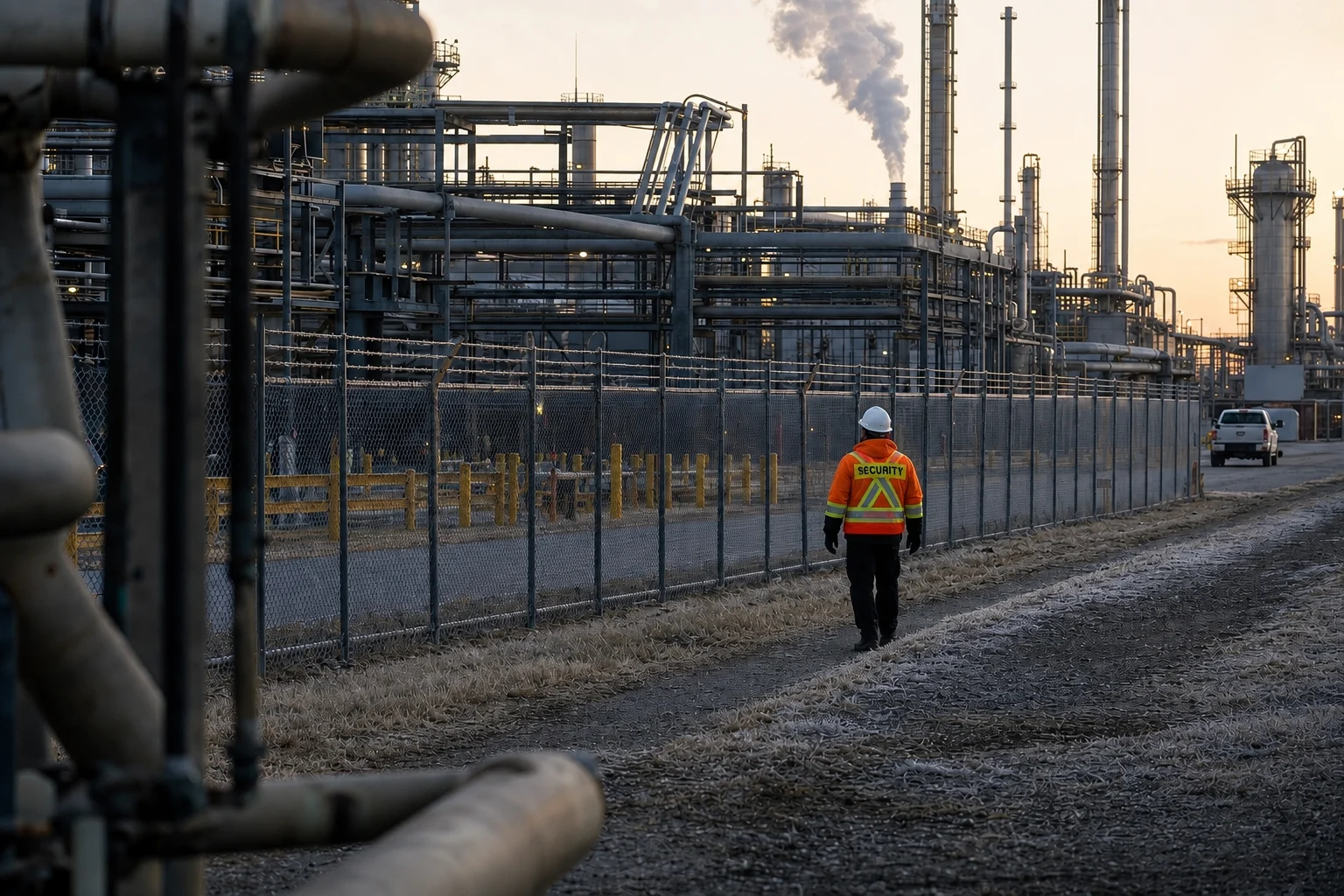 A-AARON security guard conducting a perimeter patrol outside a petrochemical facility