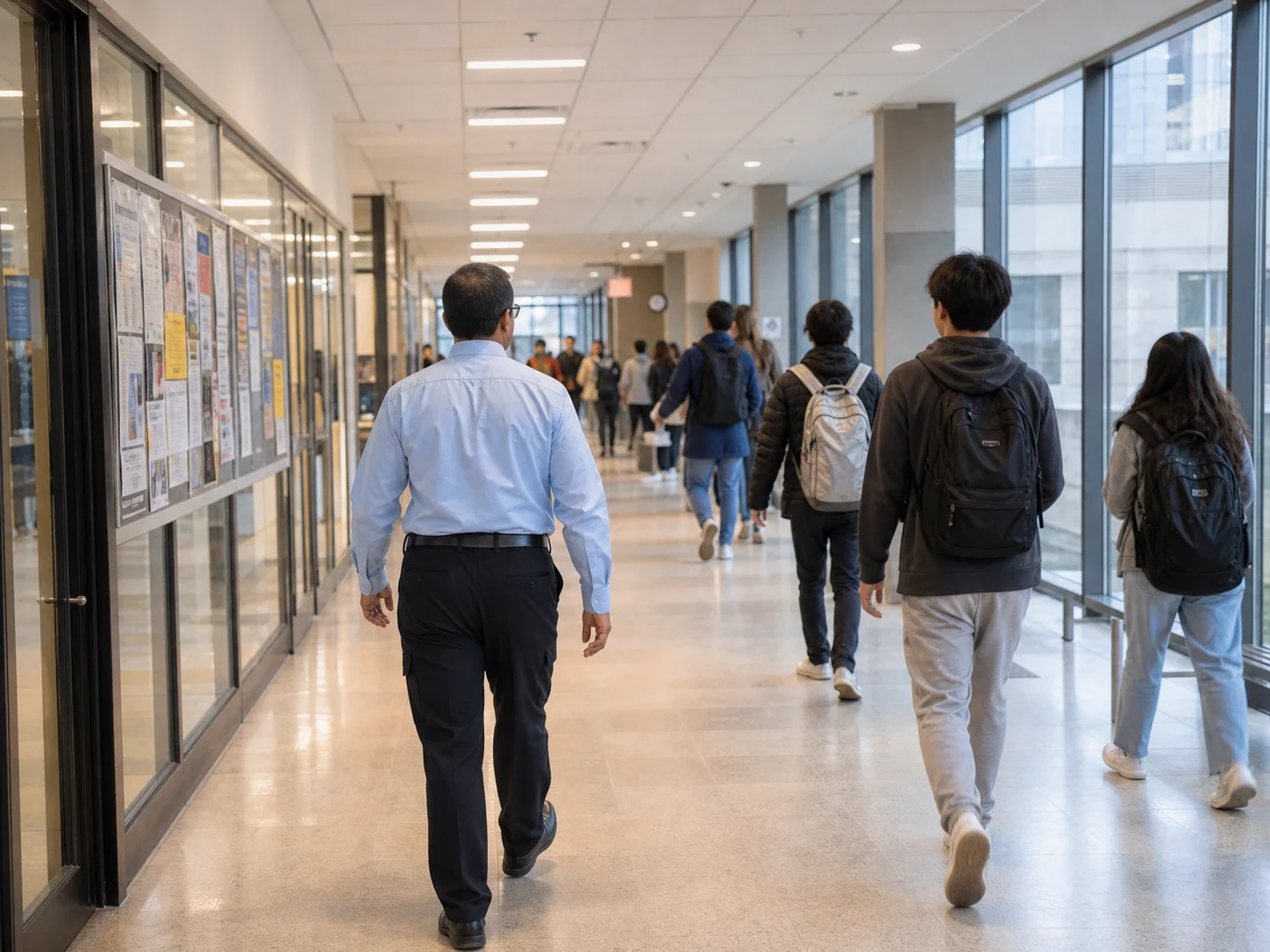A-AARON guard walking a campus corridor while students move between classes