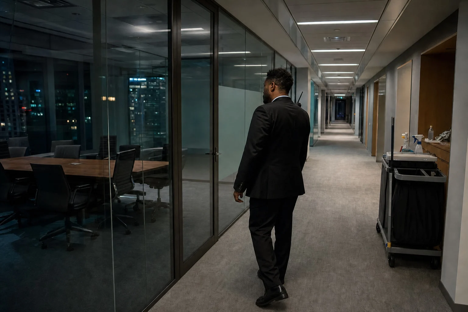 A-AARON guard conducting an after-hours patrol through an office corridor