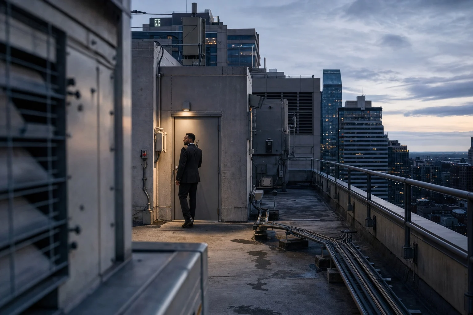 A-AARON guard checking a rooftop access point at a commercial building
