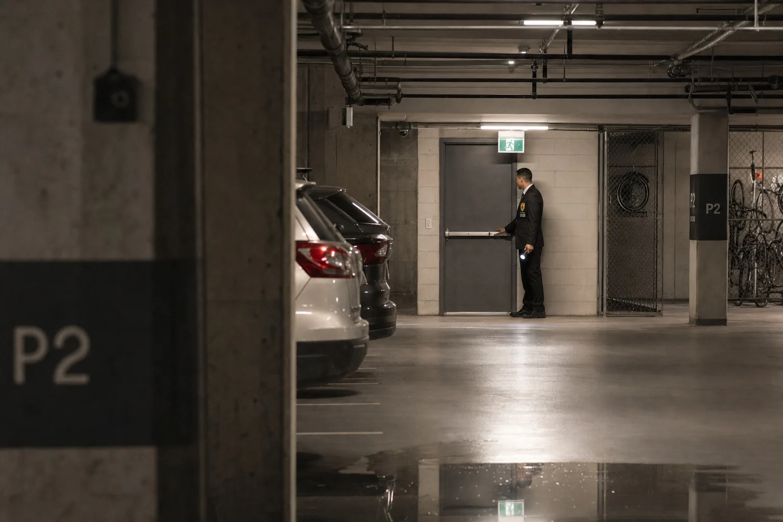 A-AARON guard conducting a patrol in a condominium parking garage