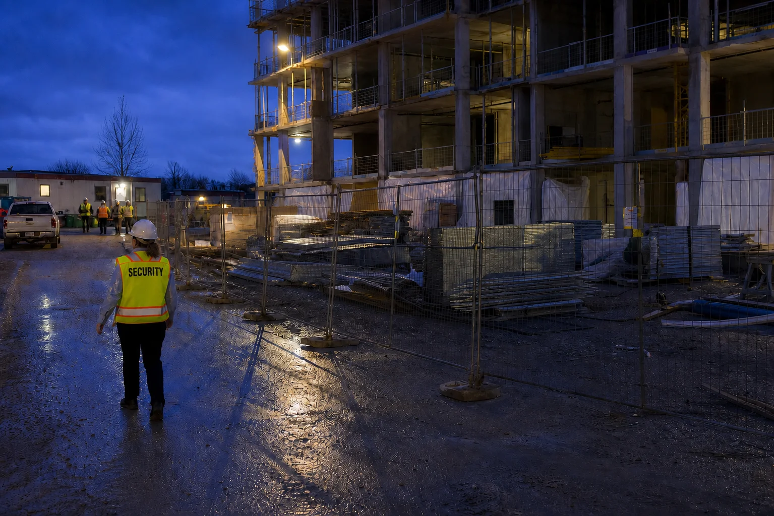 A-AARON guard inspecting the lock at a construction site gate