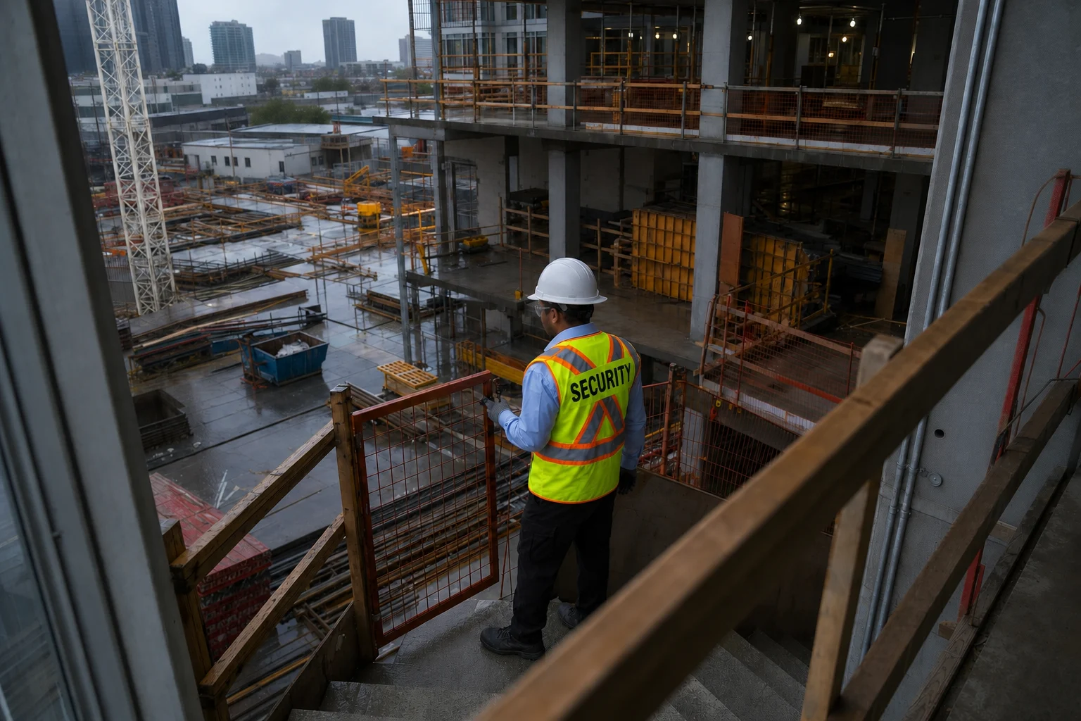 A-AARON security professional overseeing an active construction site