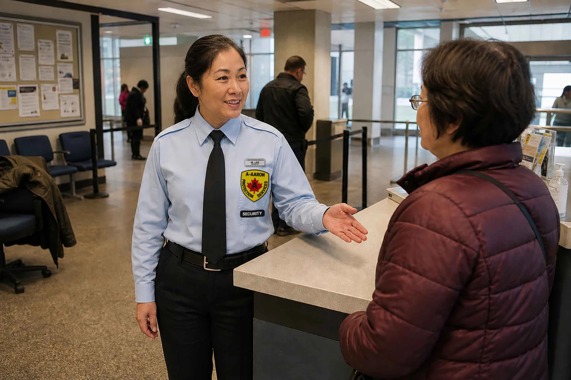 A-AARON guard giving a visitor directions at a public information counter