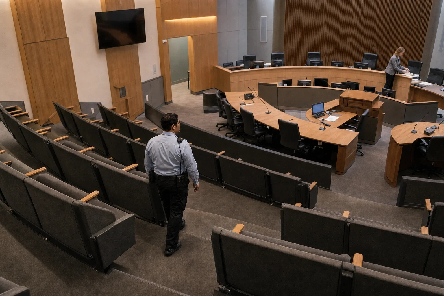 A-AARON guard conducting a patrol inside an unoccupied courtroom