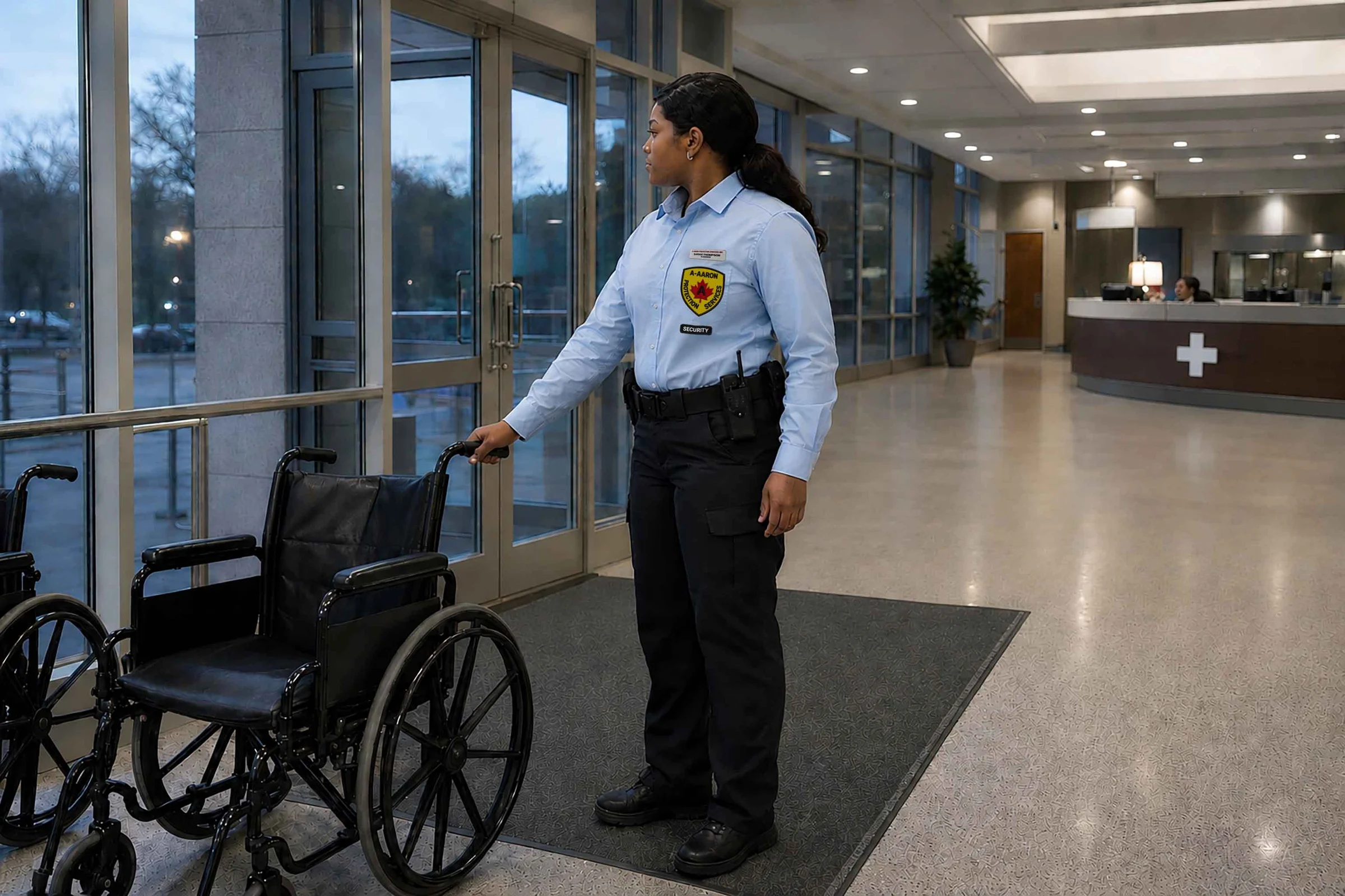 A-AARON security professional guiding a wheelchair through a healthcare facility lobby