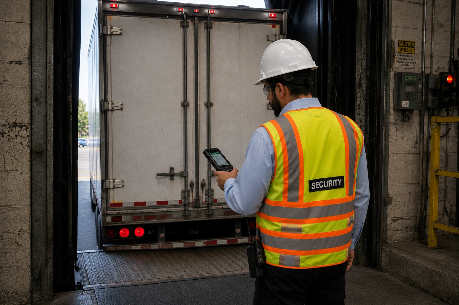 A-AARON guard checking a secured trailer seal inside a warehouse