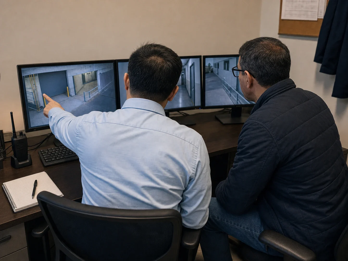 A-AARON security operator reviewing CCTV views with a facility manager