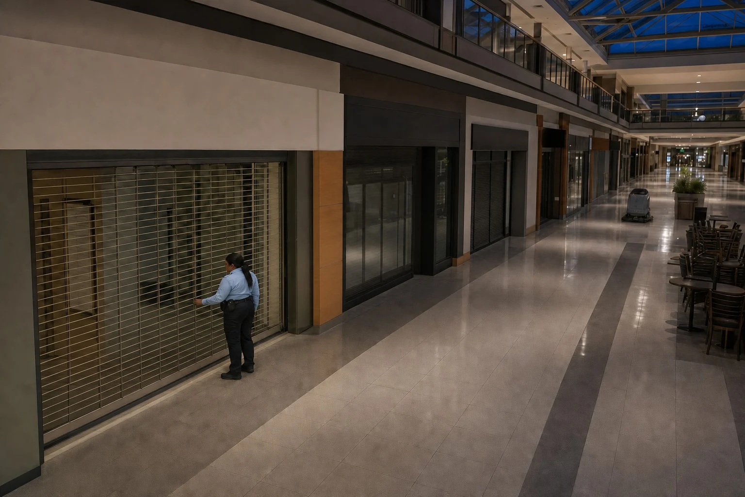 A-AARON guard checking a closed storefront during an after-hours shopping center patrol