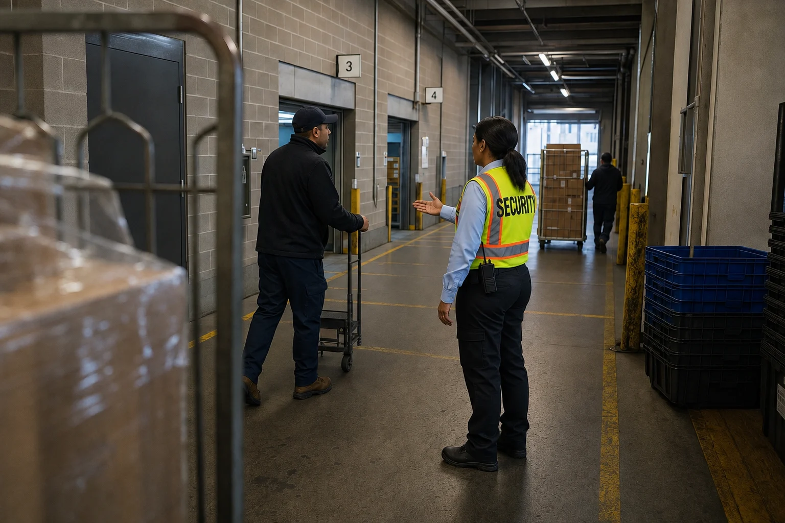 A-AARON guard coordinating with a delivery worker in a retail service corridor